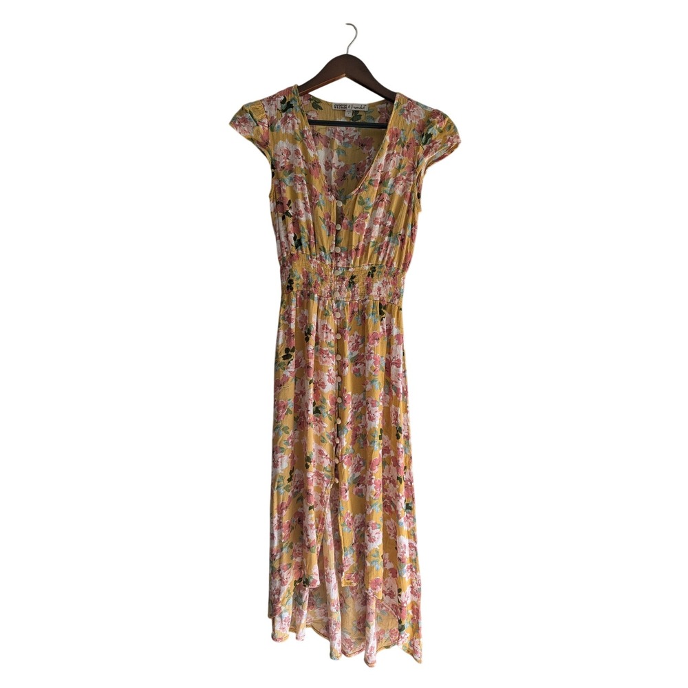 Gypsies & Moondust Yellow Floral Button Front Smocked High Low Midi Dress Small